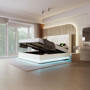 Lit coffre EVRYAE AB20149798W 160x200 cm en PU blanc avec t&ecirc;te capitonn&eacute;e et &eacute;clairage LED