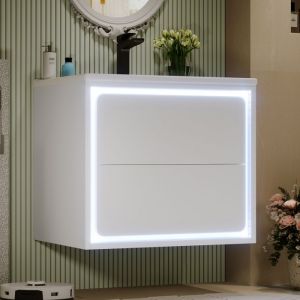 Petit Meuble vasque salle de bain suspendu 2 tiroirs-Meuble lavabo main wc et bassin int&eacute;gr&eacute; blanc -60x46x50cm