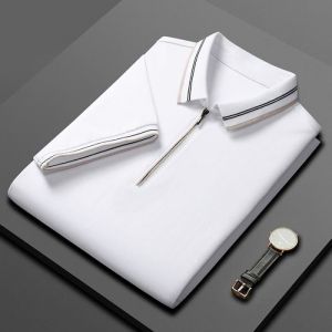 Polo zippé en coton Polo business haut de gamme uni homme manches courtes T-shirts dété pour hommes Blanc