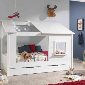 Lit cabane enfant avec toit et fen&ecirc;tre en bois blanc 90x200 + tiroir de lit - Blanc - Terre de Nuit