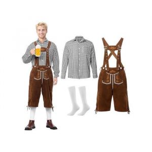 Costume Oktoberfest Homme 3 Pi&egrave;ces - Pantalon Cuir Brodure Chemise Carreaux Noir Blanc Chaussettes - Taille M - Tenue Bavaroise