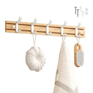 Porte Manteau Bambou Mural Patères 5 Crochets pour Suspendre Vêtements Peignoirs Serviettes Manteaux Crochet Mural (Blanc)