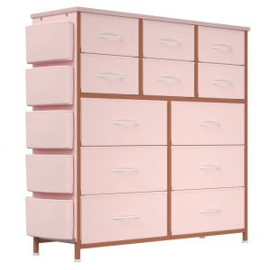 Commode de chambre avec 12 Tiroirs en Tissu Commode de Rangement Cadre en Acier Dessus en Bois 99*30*110cm- Rose