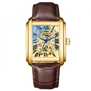 SHARPHY Montre homme m&eacute;canique automatique multifonctions &eacute;tanche lumineux cadran squelette marron dor&eacute; classique