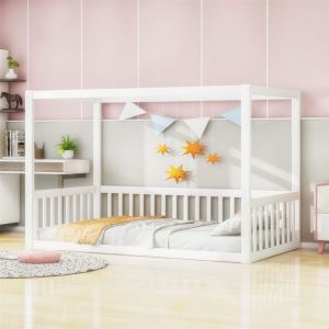 DRIPEX lit enfant 90x200cmlit à baldaquin en bois massif pour enfants et adolescentscadre de lit Blanc