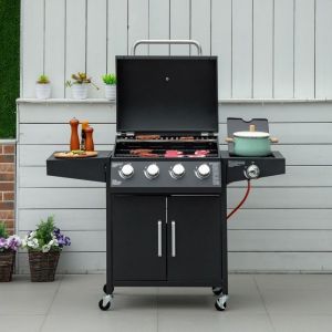 Barbecue à Gaz avec 4 Brûleurs 12KW Chariot de BBQ Mobile Grille en Acier Tablette Latérale Tuyaux 132x55x109cm