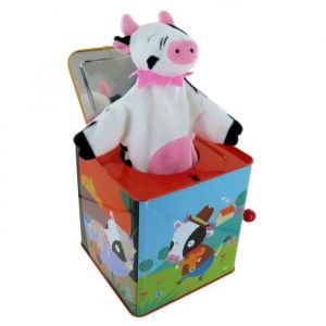 Diable en bo&icirc;te - Jack in the box - Vache en tissu - Bo&icirc;te &agrave; musique &agrave; manivelle en m&eacute;tal