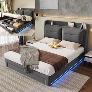Lit 140x190 cm avec tiroirs de rangement 2 en 1 en bout de lit lit coffre 140x190 cm avec sommier ET éclairage LED velours gris