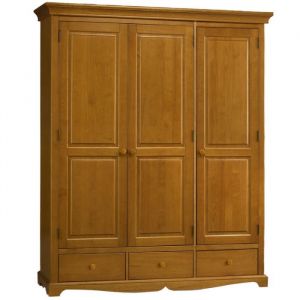 Armoire Penderie Pin Miel 3 Portes 3 Tiroirs 6 Niches L 164.3 H 194.8 P 54.5 cm - L 164 x l 54.5 x H 195 cm