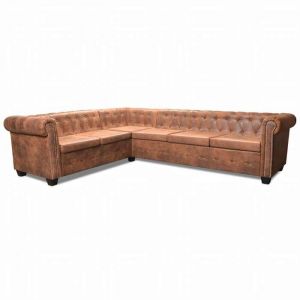 Sofa droit fixe - Clic Clac Canap&eacute; dangle Chesterfield 6 Places Cuir artificiel Marron  CA8558954