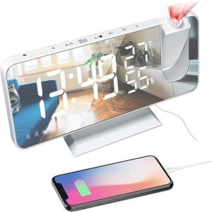 Leytn&reg; R&eacute;veil Projecteur Plafond Rotation 180 &deg; Luminosit&eacute; R&eacute;glable avec Fonction Snooze Double R&eacute;veil Radio FM - Blanc