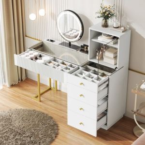 Coiffeuse miroir set avec LED plateau verre tremp&eacute; 5 tiroirs + 1 armoire blanc B120&times;T40&times;H120cm