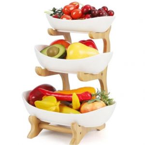 Corbeille à Fruits - MARQUE Inconnue - 3 Étages - Plastique Blanc - Support en Bambou - Multi-usage