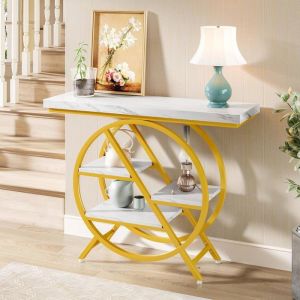 Tribesigns Table Console Industrielle à 4 Niveaux Tables dappoint étroites en Bois avec étagères 100 x 30 x 80 cm Blanc et Or