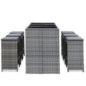 SUP718541 Ensemble Table de bar + 6 tabourets bar Mange-Debout Table Haute Contemporain Résine tressée Gris BestMeuble