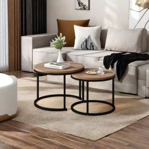 Table basse gigogne lot de 2 - Design moderne - Marron - Plateau de table en MDF et structure en fer forgé - Table dappoint ronde