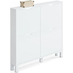 Commode Meuble à chaussures 2 portes blanc brillant - Hauteur 98 x Longueur 97 x Profondeur 17 cm