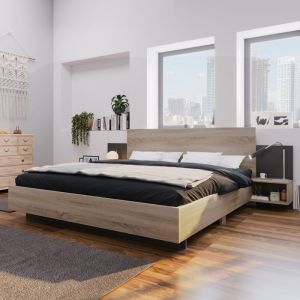 lit adultes 160x200 avec 2 tables de chevet et tête de litLit double en bois avec sommier à latteschêne Sonomagris foncé