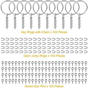 Lot de 300 anneaux de porte-cl&eacute;s fendus avec 100 anneaux de porte-cl&eacute;s 100 anneaux de saut ouverts et 100 &eacute;pingles &agrave; vis