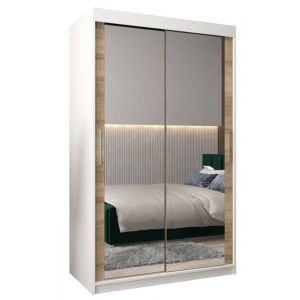 Armoire à 2 Portes Coulissantes avec Miroir Tringle et Étagères - ABIKSMEBLE Tokyo 3 120 - 120x200x62 cm Blanc et Sonoma