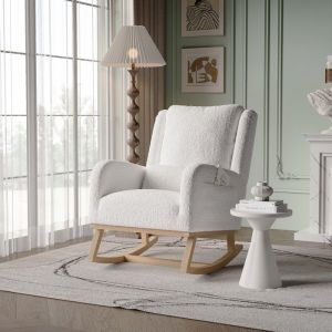 Fauteuil &agrave; Bascule - DREAMMESPACE - Velours Teddy - Blanc - 1 place - Style Scandinave