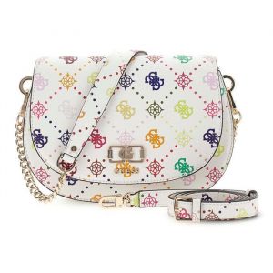 GUESS Sac &agrave; &eacute;paule blanc rose pour femme - Emelie Logo Flap Shoulder Bag Multi Logo 338219