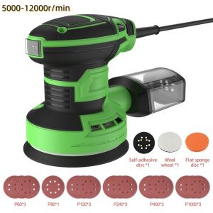 ponceuse excentrique Ponceuse 300 W 5 pouces meuleuse polisseuse 5 Disques Abrasifs + Tampon Mousse et Laine Vert