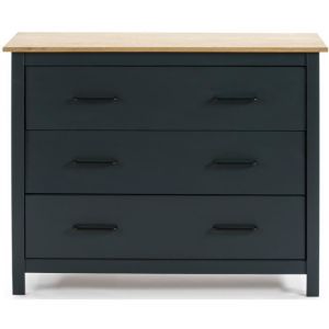 Commode en pin massif décor ciré bleu marine et chêne, meuble de rangement - Longueur 100 x Profondeur 40 x Hauteur 80 cm