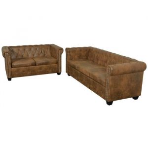 Canap&eacute; Chesterfield - SALUTUYA - BD16612 - 2 et 3 places - Cuir artificiel - Marron