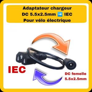 Adaptateur DC 2.5mm en IEC pour chargeur de v&eacute;lo &eacute;lectrique 36v 42v 48v 546v 52v 588v 60v 672v