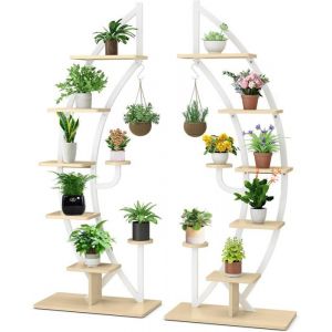 2 PCS Support pour Plantes à 7 Niveaux -GOPLUS- en Métal - Forme Demi-lune - Étagère à Fleurs -Décoration Jardin60x30x155CM- Blanc