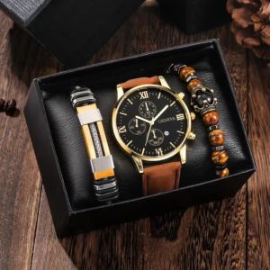 Coffret montre homme+ bracelets &ndash; affichage du calendrier chiffres romains bracelet en cuir bracelet en perles mode classique