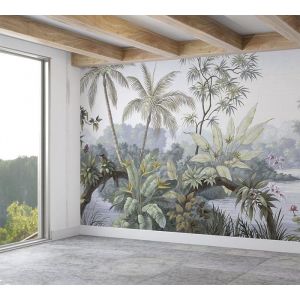 Papier Peint Jungle Soie300x210cmPoster Geant MuralPersonnalisé 3DDécoration Murale. Aquarelle PlantesLac Tropical
