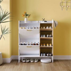 Armoire &agrave; chaussures-Meuble de rangement-Narrow 6 Compartiments-2 Volets 2 Crochets-Anti-bascule-Rangement 8-15 Paires-Blanc