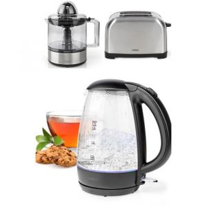 Bouilloire Noire en Verre 17L Sans Fil 360&deg; 2200W Arrêt automatique + Grille-pain Inox 2 Fentes 850W 3 fonctions avec t&eacute;moins LED