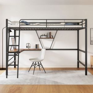 Lits superposés Lit Mezzanine 90x200cm Lit jeune Lit en métal avec bureau en L et une étagère Noir