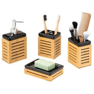 bremermann Set de salle de bain 4 pcs. bambou c&eacute;ramique noir accessoires de salle de bain