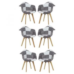 Lot de 6 chaises en tissu patchwork noir et blanc avec pieds et accoudoirs en bois