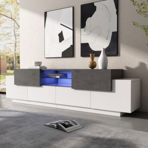 Meuble TV Salon avec Eclairage LED Meuble TV Moderne avec étagères en Verre Meuble Télé avec Rangement 180x40x45cm Blanc et
