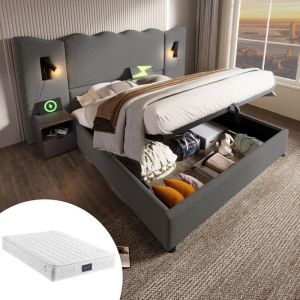 Lit Adulte Coffre 160×200cm - Lit Complet  - OKWISH - Lampe de Lecture - Charge USB - Sommier Et Matelas Inclus - Lin Gris