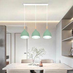 Lustre Suspension R&eacute;tro 3 Lampes Luminaire Moderne Plafonnier E27 M&eacute;tal Bois pour Restaurant &Oslash;17CM (Vert clairBarre) - SMOTOP