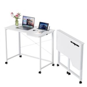 Table Pliante pour Ordinateur Portable avec Une découpe et des roulettes pivotantes pour Chambre à Coucher Bureau lit canapé Blanc