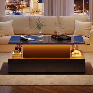 Table Basse Relevable Table Basse LED avec 4 Tiroirs et Rangement Cach&eacute; Noire Brillante Moderne Charge de 30kg 90x55x41