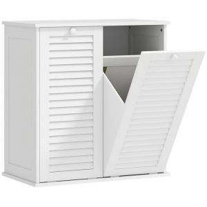 Meuble Bas Commode Sdb Blanc 70x38x73cm Avec 2 Paniers &Agrave; Linge Poign&eacute;es Et Portes Persiennes Meuble De Salle De Bain Pratique