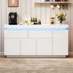 Buffet Meuble de rangement blanc 140x35x72.5cm 4 portes 2 tiroirs laqu&eacute; brillant avec &eacute;clairage LED buffet commode salon sur pied
