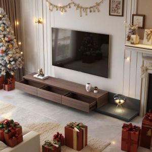 Meuble TV avec 3 tiroirs meuble TV extensible longueur ajustable de 200 à 330 cm meuble bas pour salon couleur noyer