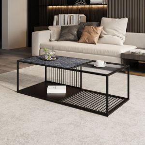 Table basse - 110 x 48 x35 cm- TOPESCT- Table en fer forgé avec verre et grand espace de rangement