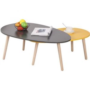 FIRNOSE 2 x Tables Basses Gigognes Piétement en hêtre Massif Scandinave Vintage Jaune moutarde et Gris foncé - 98x40x60/88x34x48cm