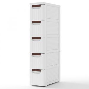 COSTWAY Commode Étroite avec 5 Tiroirs avec Roues Intégrées pour Salle de Bain Studio & Salon 42 x 19 x 91 cm Blanc
