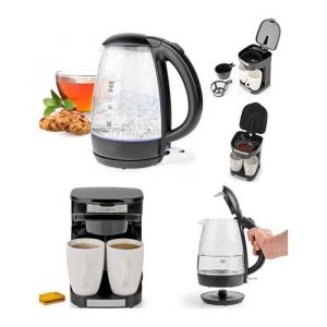 Bouilloire Noire en Verre 17L Sans Fil 2200W Arr&ecirc;t automatique + Cafeti&egrave;re &eacute;lectrique 2 Tasses Duo 2 x 0.25l
